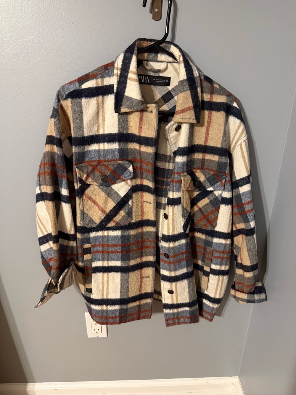 Zara Cream Plaid Wool-Blend Shacket with Navy & Brown Stripes